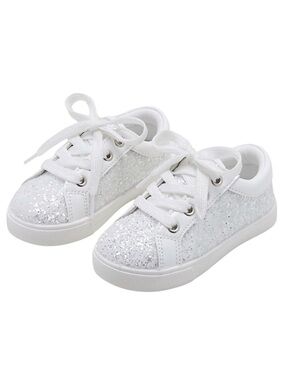 Girls White Glitter Lace-Up Sneakers for Kids